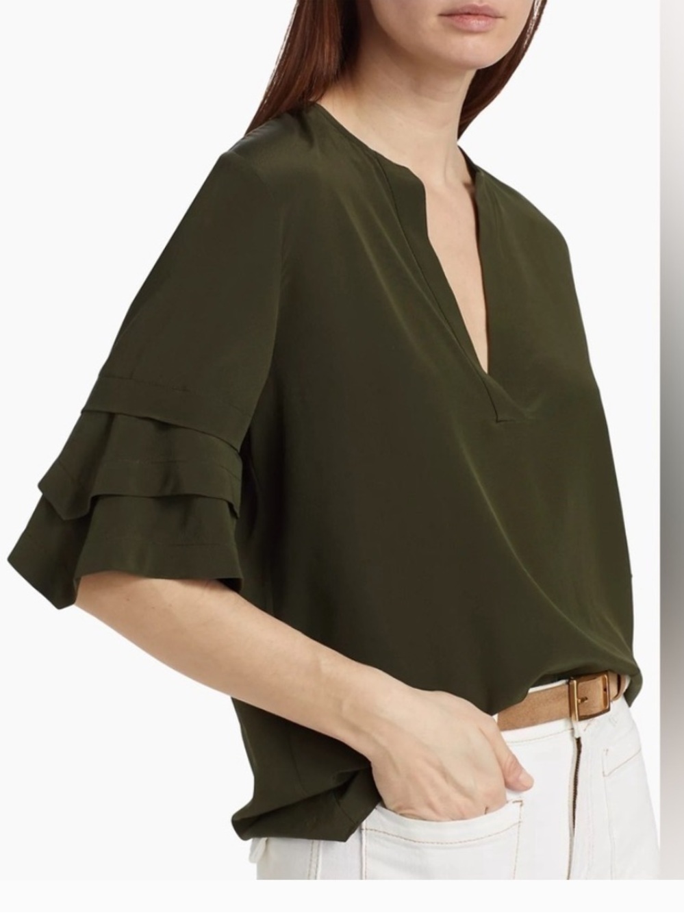 NWOT Frame Blouse in Satiny Olive Green with V-Neck and Tiered Sleeves